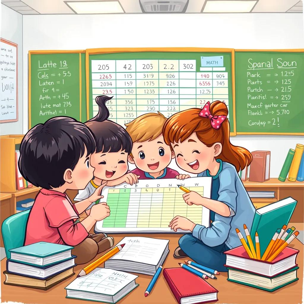 A captivating image of children learning math together using an Excel spreadsheet, surrounded by books and pencils, colorful classroom setting, joyful atmosphere, high quality