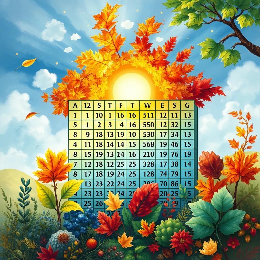 An artistic representation of the seasons changing around an Excel spreadsheet with numbers flowing naturally, showing the organization of information like nature, detailed painting, vivid colors, high quality