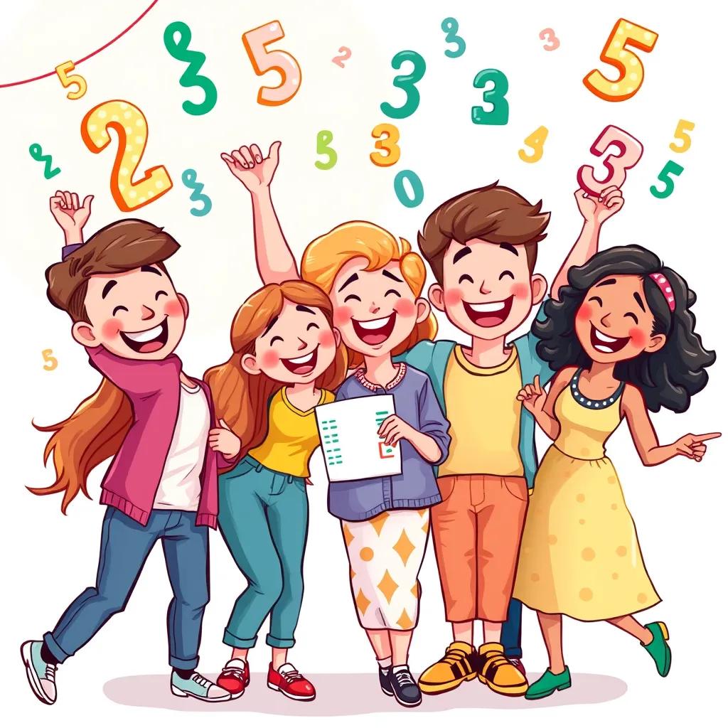 A final illustration showing a group of friends celebrating their successful calculations in Excel, with numbers floating around them, cheerful and colorful, party atmosphere, high quality