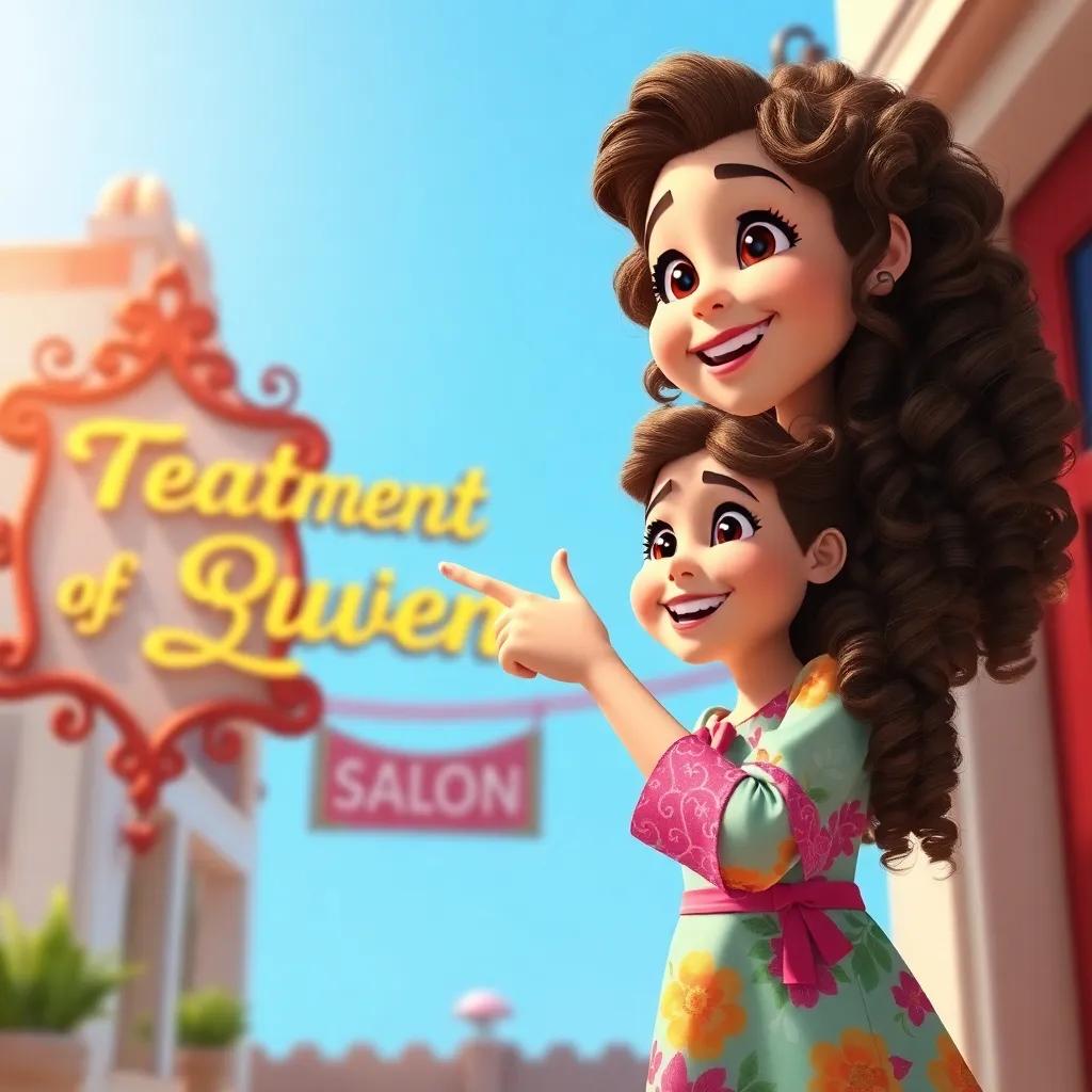 A young Arab girl, Fatima, with long, curly hair, wearing a colorful dress, excitedly pointing at a beautiful salon sign that reads 'Treatment of Queens', sunny day, vibrant colors, cheerful atmosphere, digital art, high quality