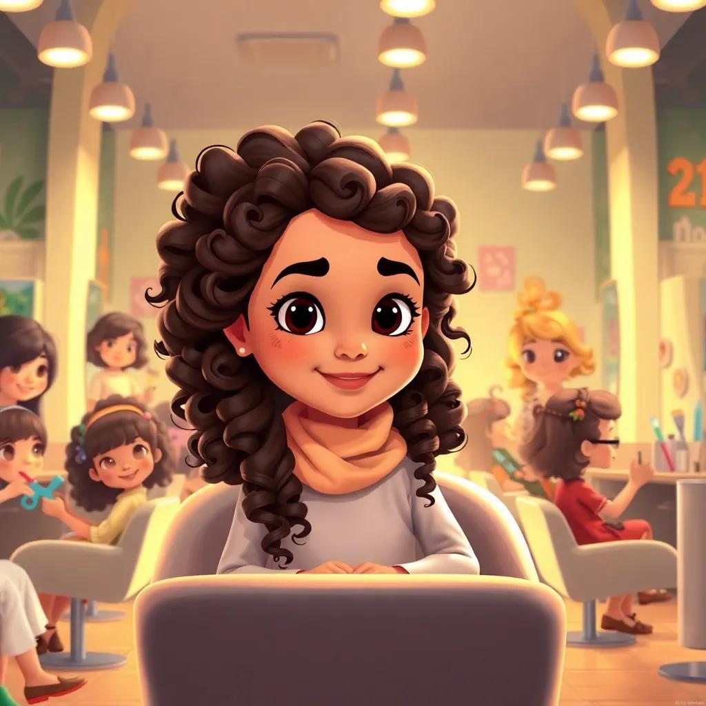 Fatima, a young Arab girl with long, curly hair, sitting in a stylish salon chair, surrounded by girls getting their hair styled, with playful hairdressers and colorful tools, warm light, lively scene, inviting environment, illustration, child-friendly