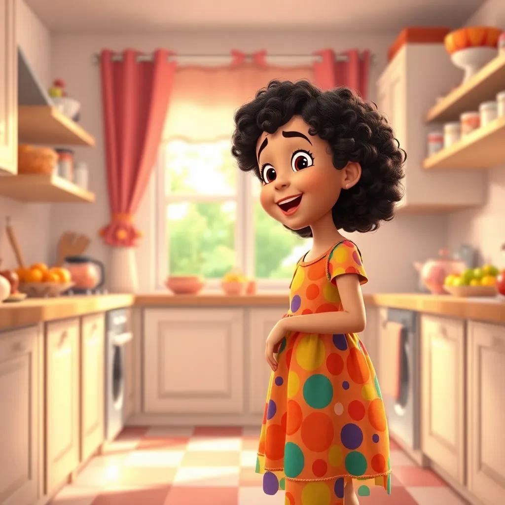 A little girl, Tasneem, with curly hair, wearing a colorful dress, happily greeting her mother in a bright kitchen filled with fruits and baking supplies, digital art, cheerful colors, warm lighting, inviting atmosphere, high quality