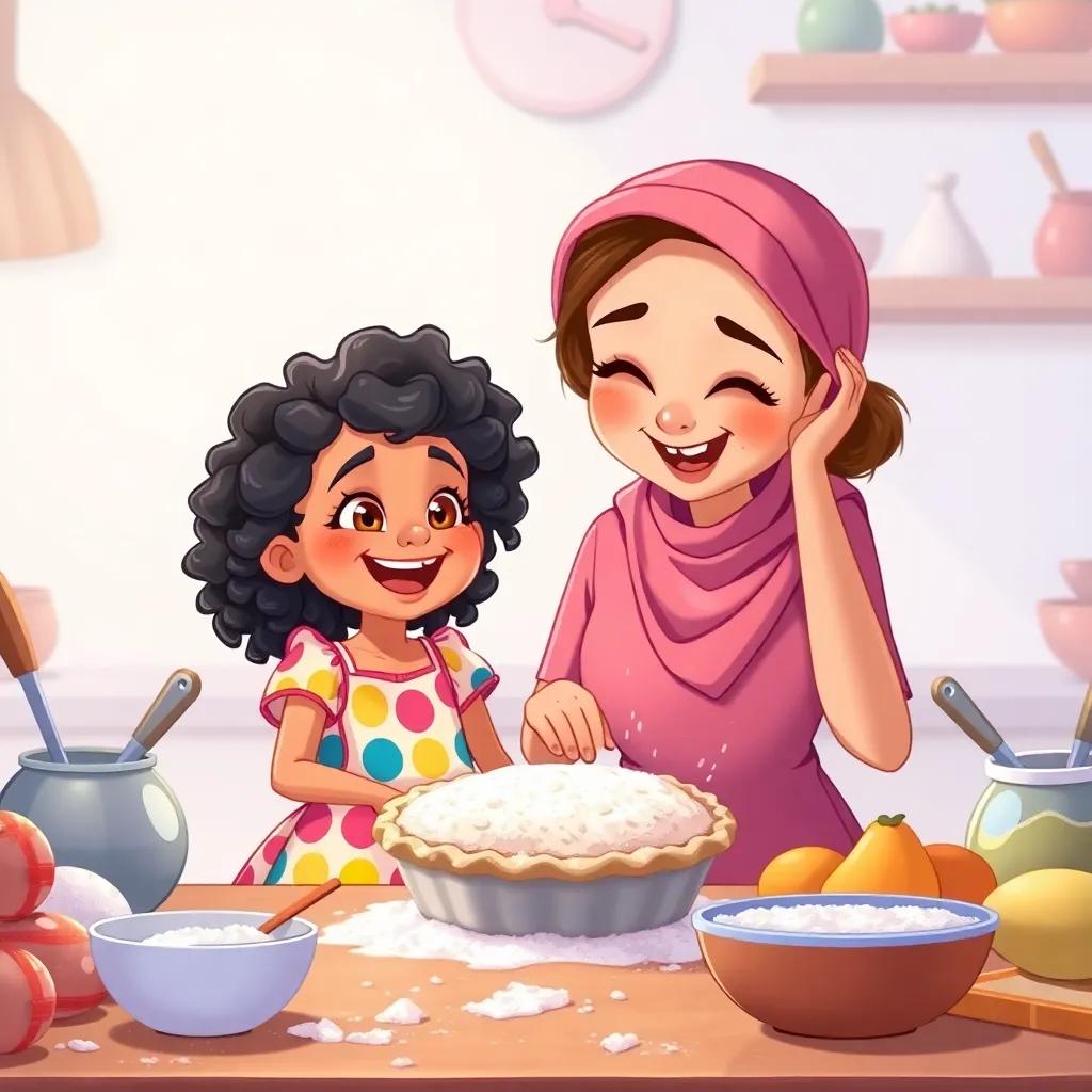Tasneem, a little girl with curly hair wearing a colorful dress, joyfully baking a pie with her mother, their hands covered in flour, surrounded by kitchen utensils and ingredients, illustration, vibrant and fun, family bonding, child-friendly