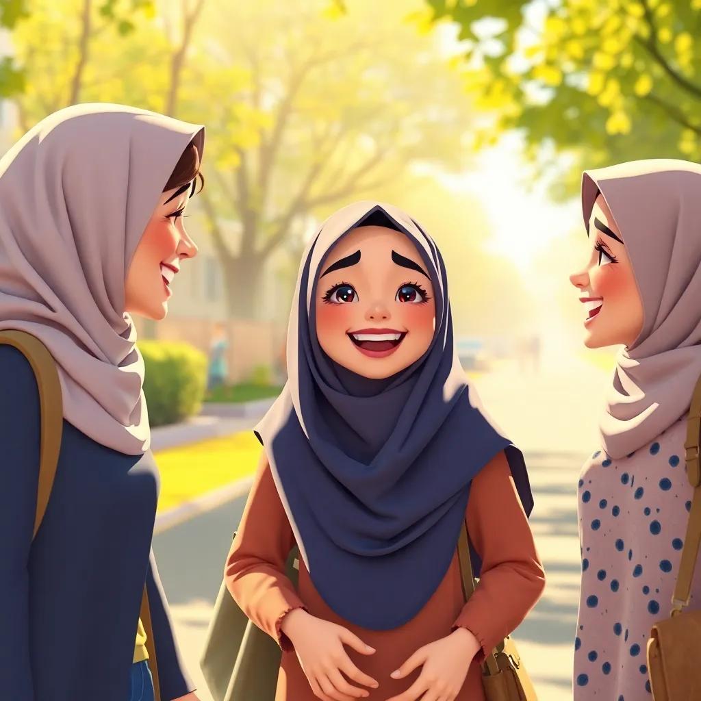 A joyful scene of Tasneem, a beautiful hijab-wearing girl, joking with her friends on the way to their institute, lively interaction, animated expressions, warm sunlight, cheerful environment, high quality