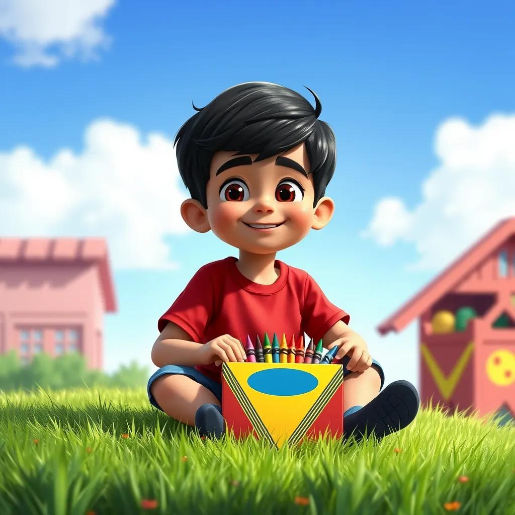 A young Arab boy, Omar, with short black hair, wearing a red t-shirt and blue shorts, sitting on the grass with a colorful box of crayons, under a bright blue sky, cheerful atmosphere, digital art, vibrant colors, child-friendly