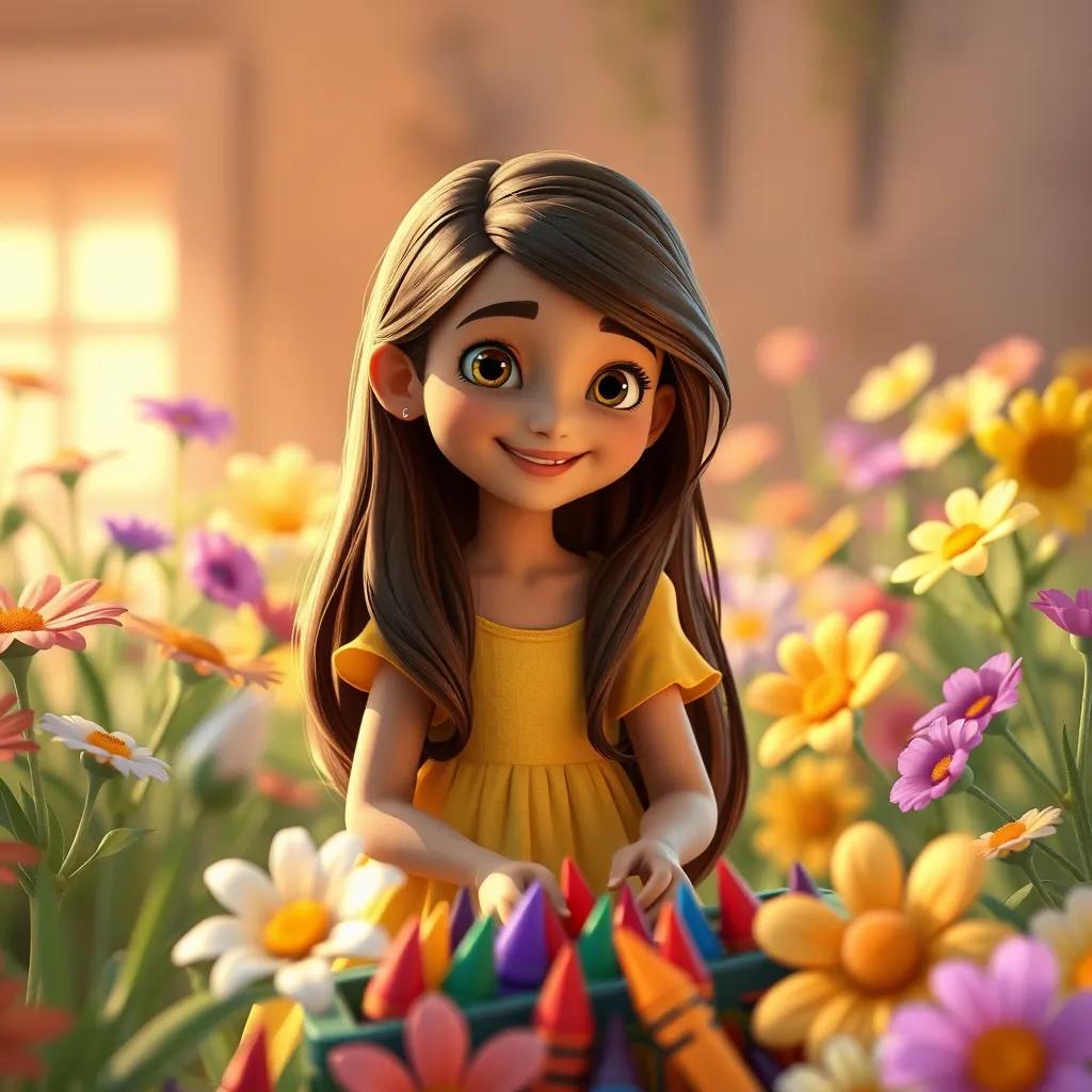 A young girl, Leila, with long brown hair, wearing a yellow dress, joining Omar and helping him organize crayons, surrounded by colorful flowers, cheerful, warm light, storytelling view, fantasy