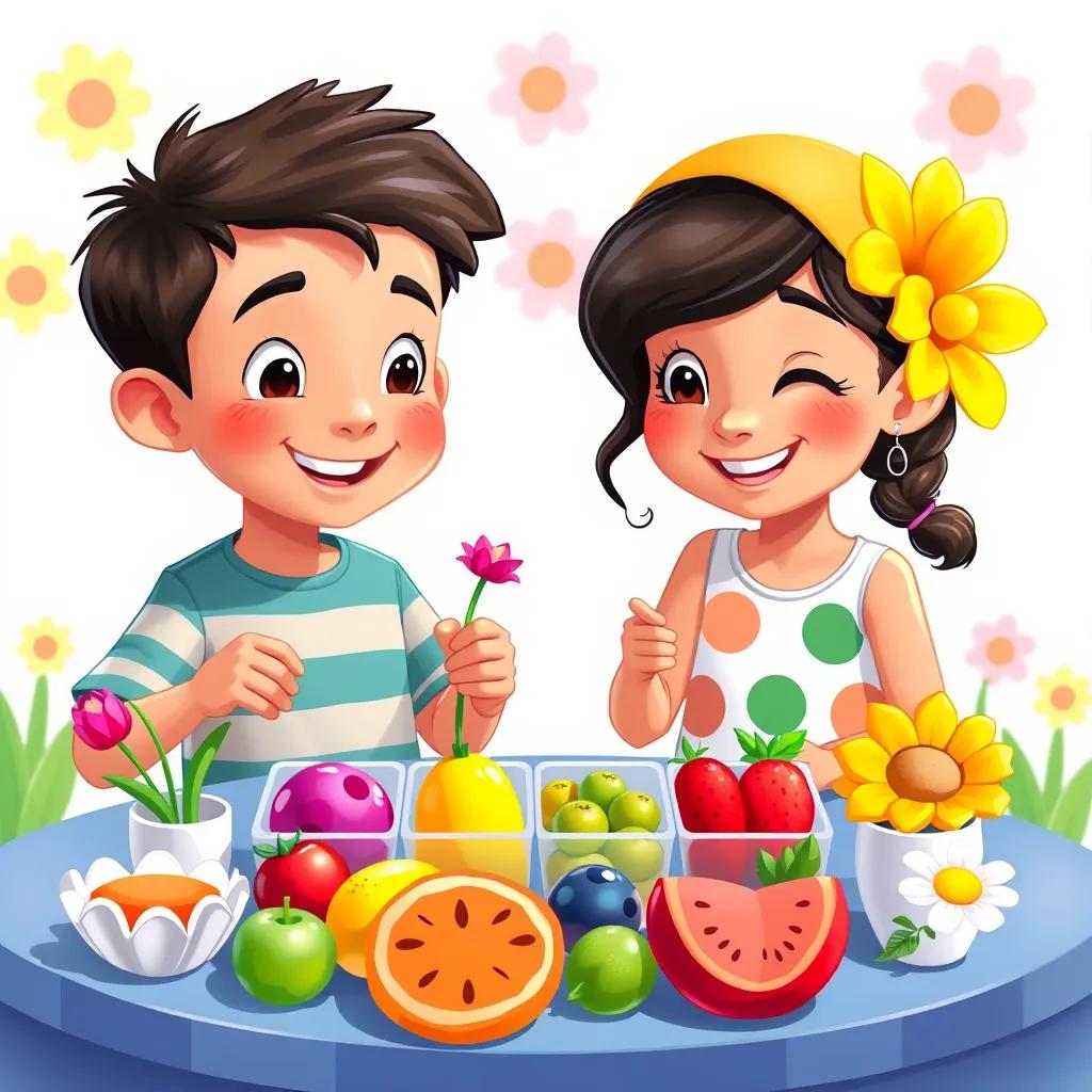 Omar and Leila, both children, playing a fun sorting game with various colored fruits and flowers, smiling and laughing, bright cheerful colors, summer themed, child-friendly scene