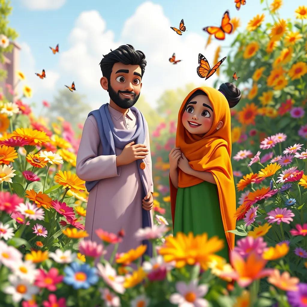 A beautiful garden filled with colorful flowers, Omar and Leila happily showing their sorted colors to friends, a bright sunny day with butterflies, warm and inviting atmosphere, vibrant colors, heartwarming scene