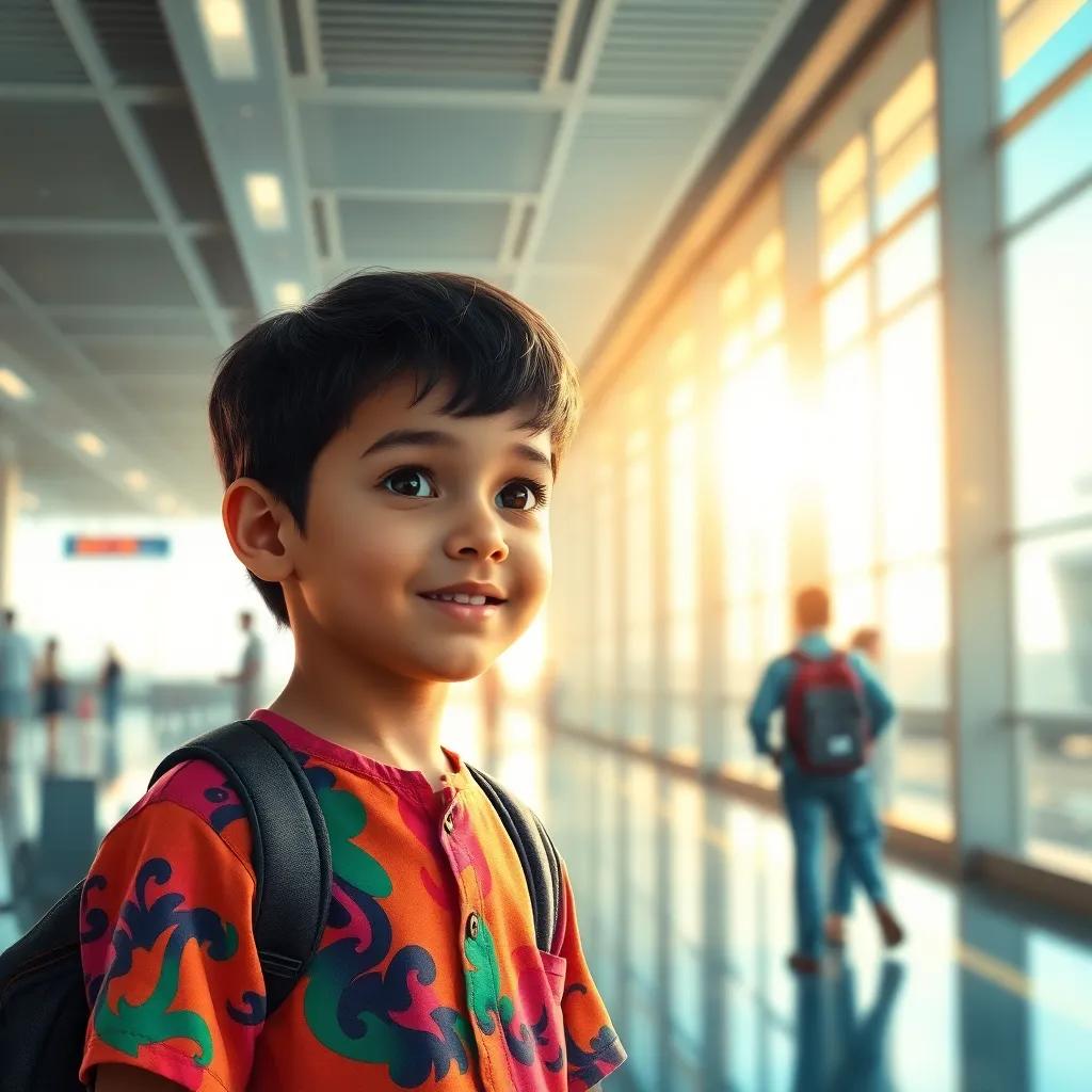 A young Arab boy, هُنام, with short black hair, wearing a colorful shirt, standing by his father in an airport, excited and curious, bright sunlight coming through the window, vibrant atmosphere, digital art, cheerful scene