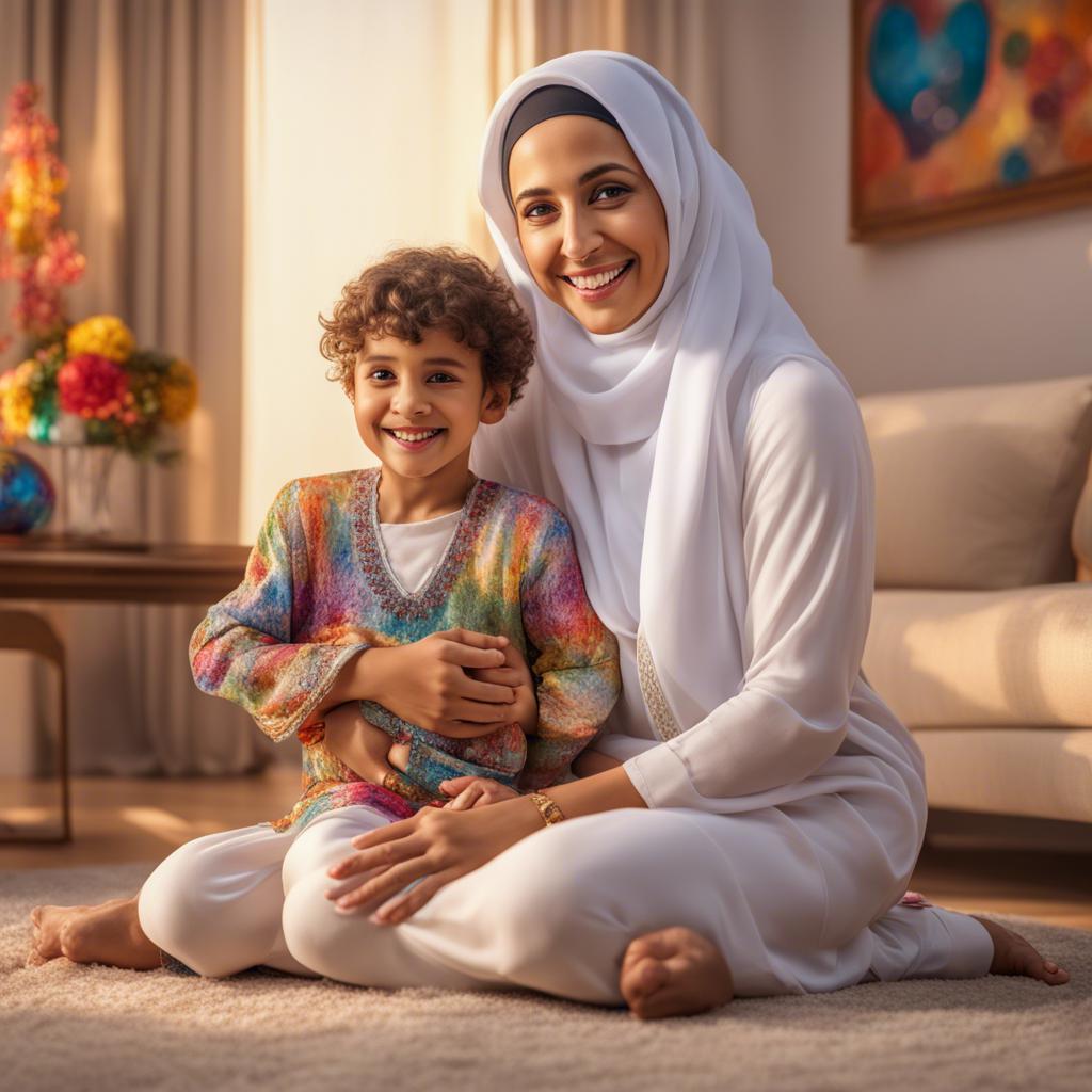 A loving Emirati mother, wearing a traditional dress, smiling gently at her child, surrounded by colorful decorations in the living room, warm light, inviting atmosphere, high quality