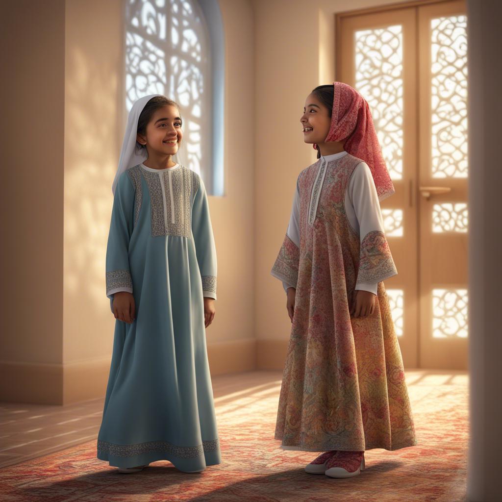 Banna and Amina, young Emirati girls, wearing beautiful traditional dresses, looking at Muhammad proudly as he enters the room, joyful expressions, colorful outfits, high quality