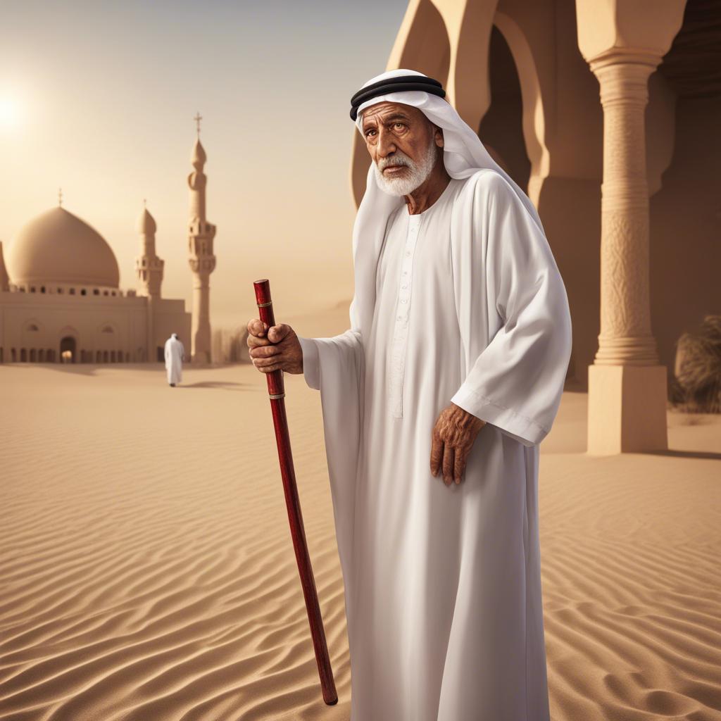 A wise Emirati grandfather, Sand, aged seventy, wearing a white thobe and a red agal, looking sternly at Muhammad, with a cane in his hand, authoritative presence, warm lighting, high quality