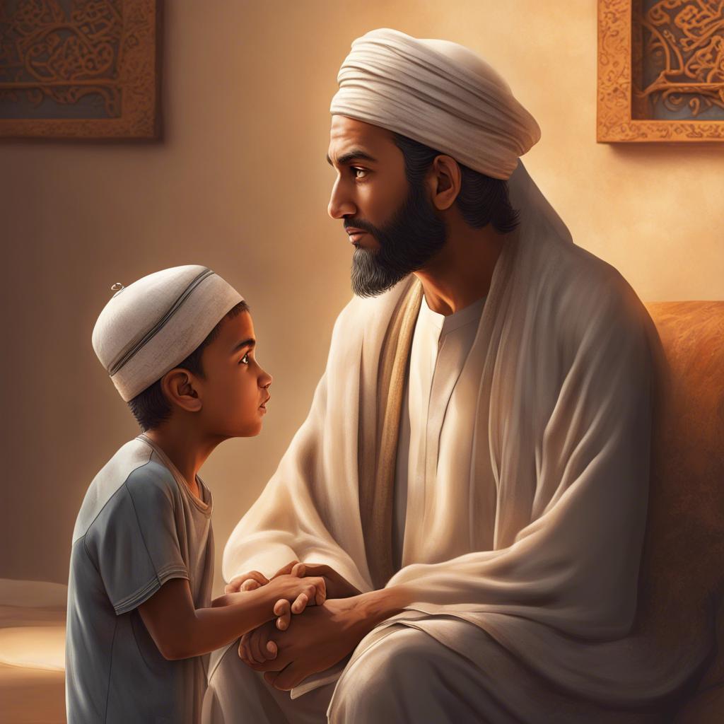 Muhammad listening to his grandfather intently, understanding the importance of greeting and respect, thoughtful expressions, warm background, high-quality art, child-friendly