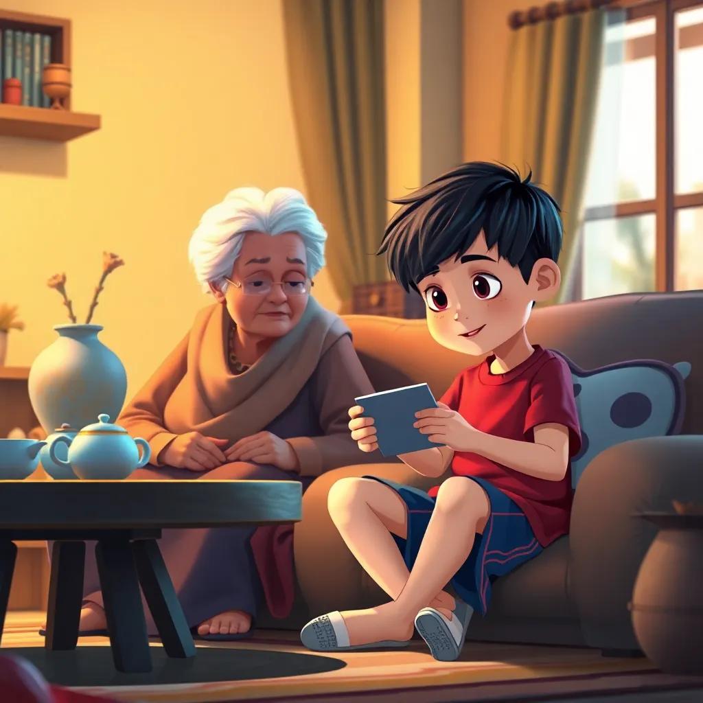 A young boy, سعيد, with short dark hair and wearing a red shirt and blue shorts, sitting in a warm, cozy living room with his grandmother who has white hair tied back, telling stories over tea, detailed digital art, warm colors, inviting atmosphere, high quality