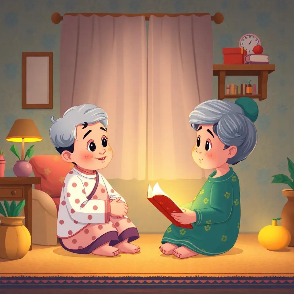 A charming evening scene of سعيد sitting attentively in front of his grandmother in their cozy home, with colorful pattern wallpapers, as she shares stories, illustration, heartwarming, cheerful, child-friendly