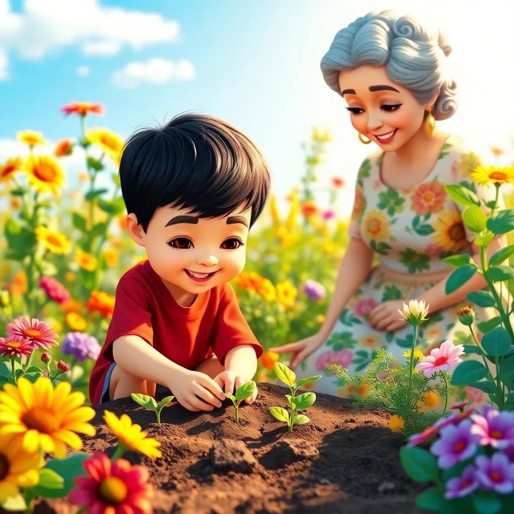 A beautiful garden with سعيد, a young boy with short dark hair in a red shirt, planting seeds with his grandmother, who is wearing a floral dress, bright sunshine, colorful flowers and vegetables around, joyful and vibrant atmosphere, stunning illustration