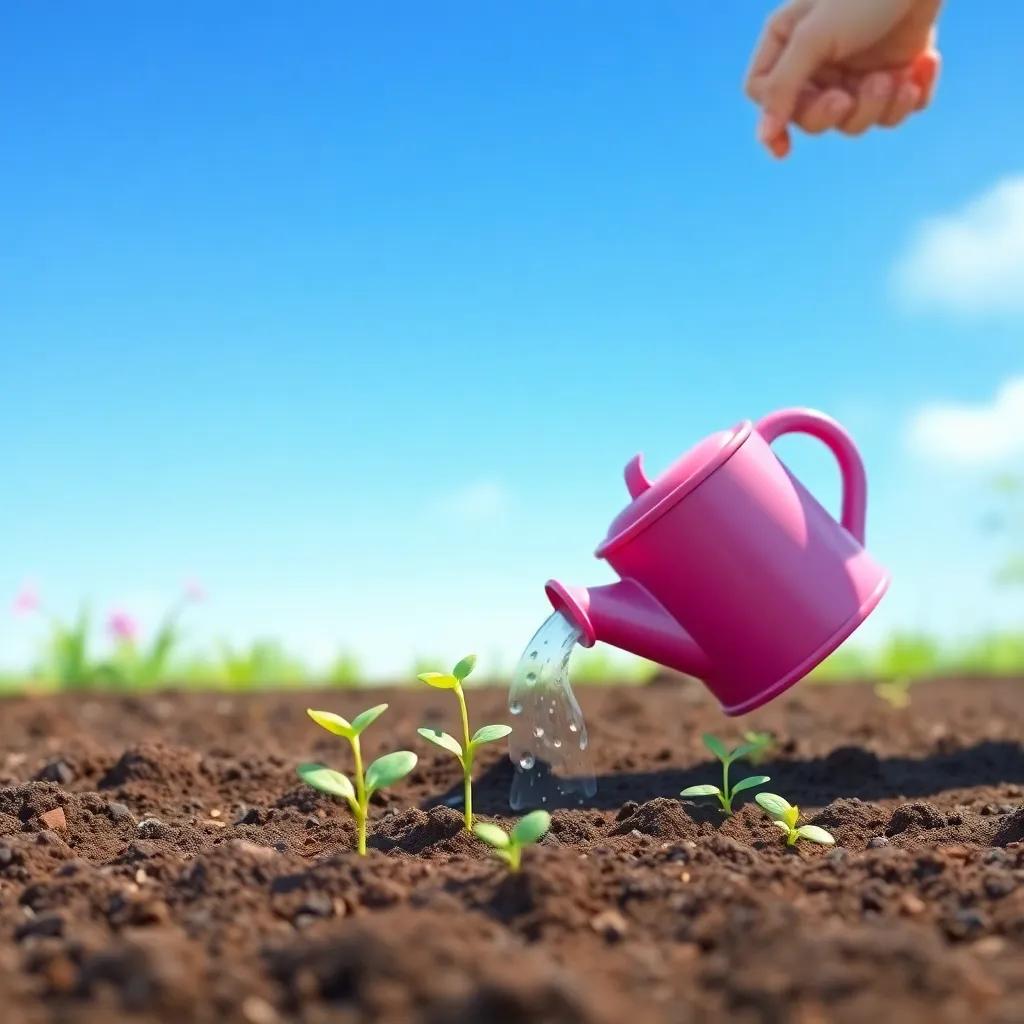 A nurturing scene of الجدة showing سعيد how to take care of plants in the garden, with small sprouts emerging from the soil, colorful watering can, bright blue sky, peaceful and serene, charming imagery
