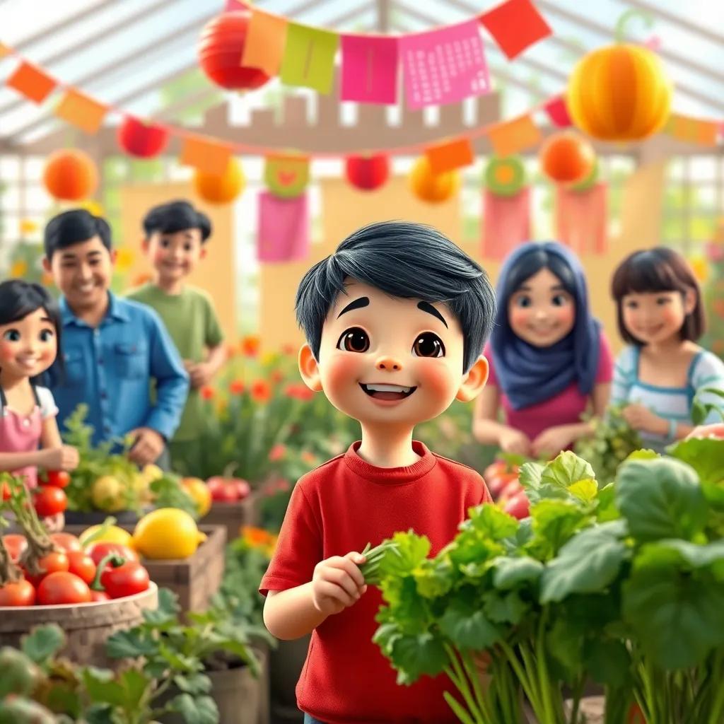 A joyful gathering in the garden with سعيد, a young boy with short dark hair in a red shirt, and friends harvesting vegetables, colorful decorations, happy faces, sense of community, vibrant colors and warmth