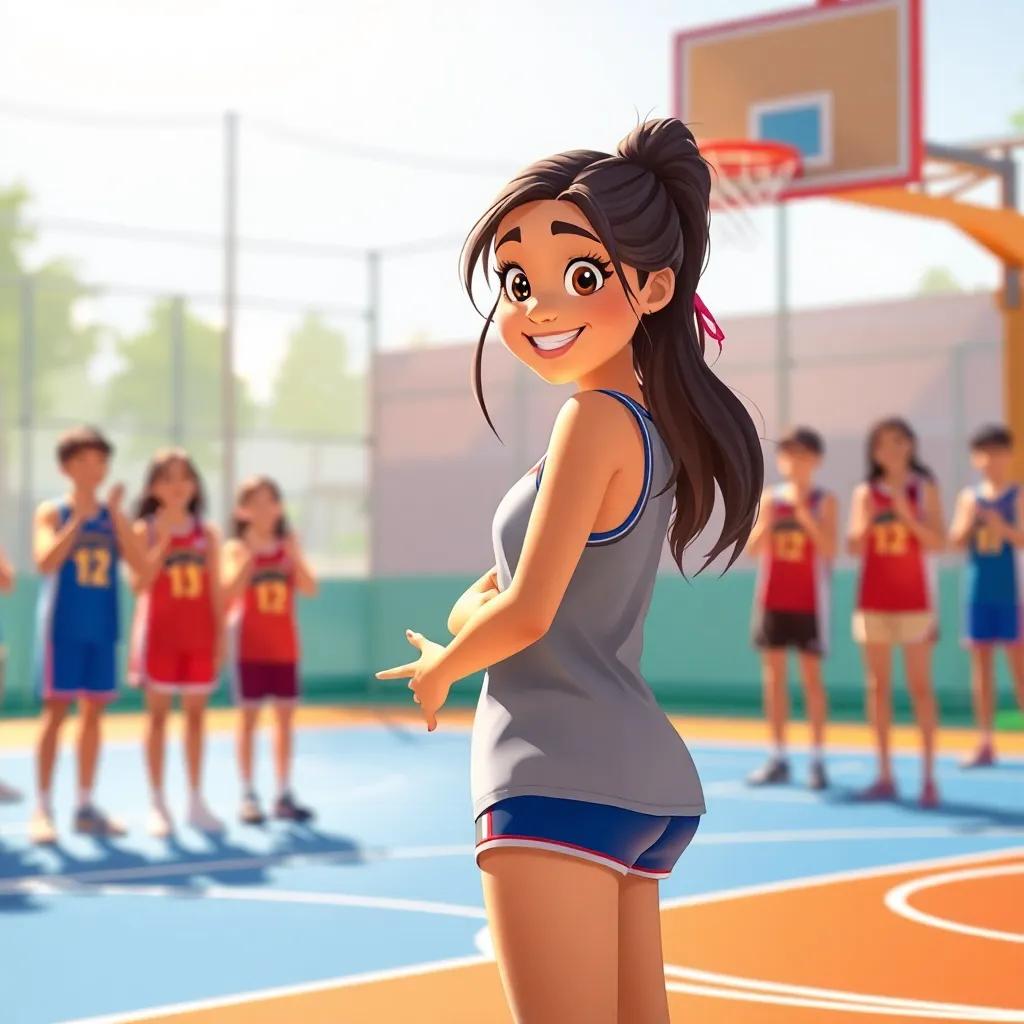 A young Arab girl, Leila, with long dark hair in a ponytail, wearing a sporty tank top and shorts, encouraging a boy, vibrant basketball court with cheering teammates in the background, bright sunlight, cheerful and inviting energy, high quality