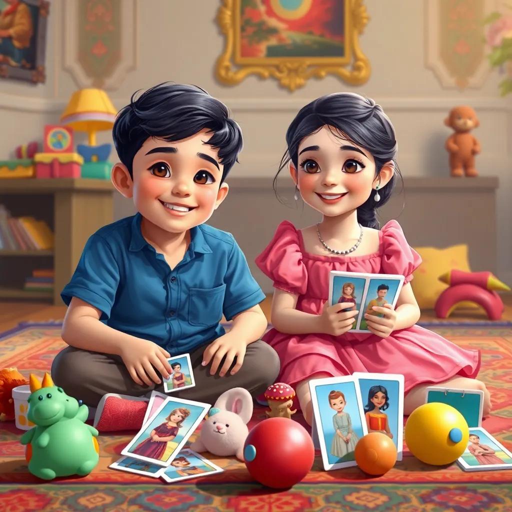 A boy named Tarek, a young Arab boy, with short black hair wearing a blue shirt, sitting on a colorful carpet with a girl named Samia, a young Arab girl, with long dark hair wearing a pink dress, surrounded by bright toys and picture cards, cheerful and inviting atmosphere, digital art, warm colors, high quality