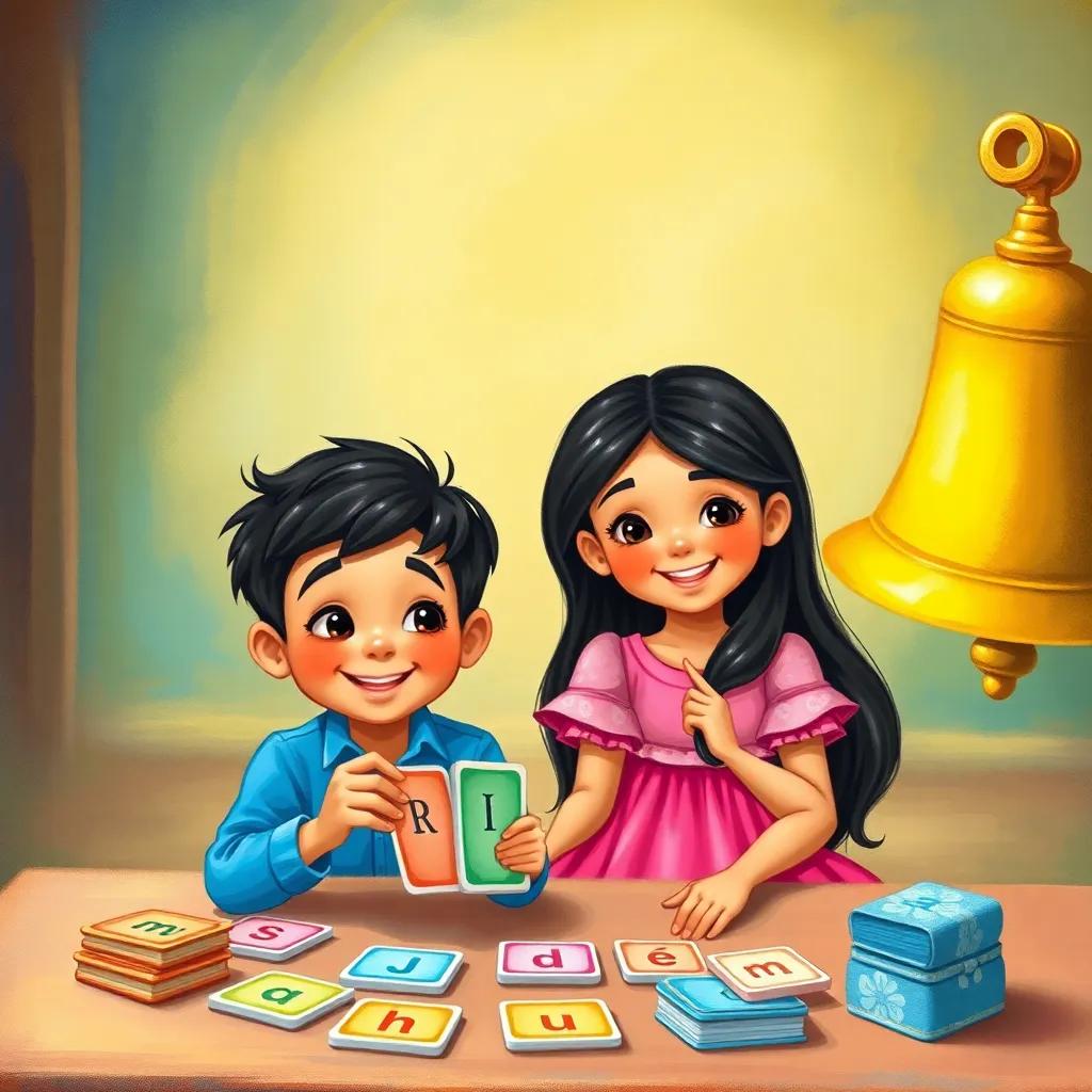 Tarek, a young Arab boy with short black hair in a blue shirt, and Samia, a young Arab girl with long dark hair in a pink dress, happily playing a word game with colorful cards, a large bell on the side, bright and cheerful colors, child-friendly environment, illustration, engaging and fun perspective, high quality