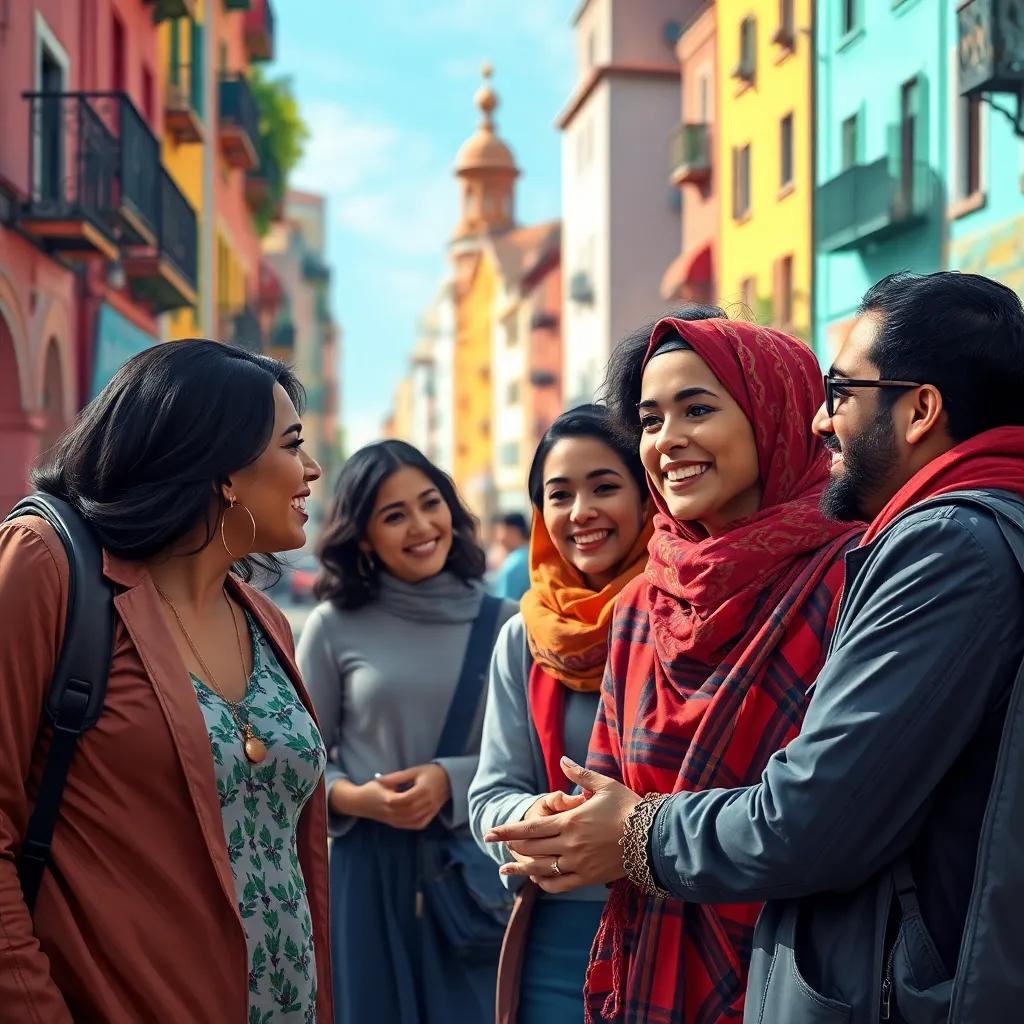 A modern Moroccan family in a city, discussing changes, diverse backgrounds, happy expressions, colorful urban backdrop, digital art, contemporary, bright lighting, storytelling ambiance