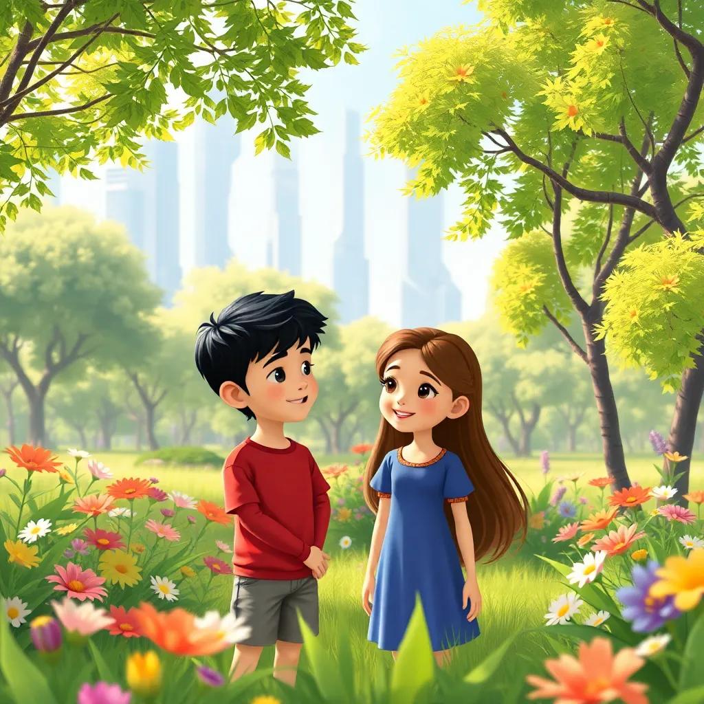 In a lush green park, a young boy, Yazan, with short black hair and a red shirt, is talking with a young girl, Leila, with long brown hair in a blue dress, surrounded by colorful flowers and futuristic buildings in the background, sunny day, vibrant colors, illustration, friendly atmosphere, high quality