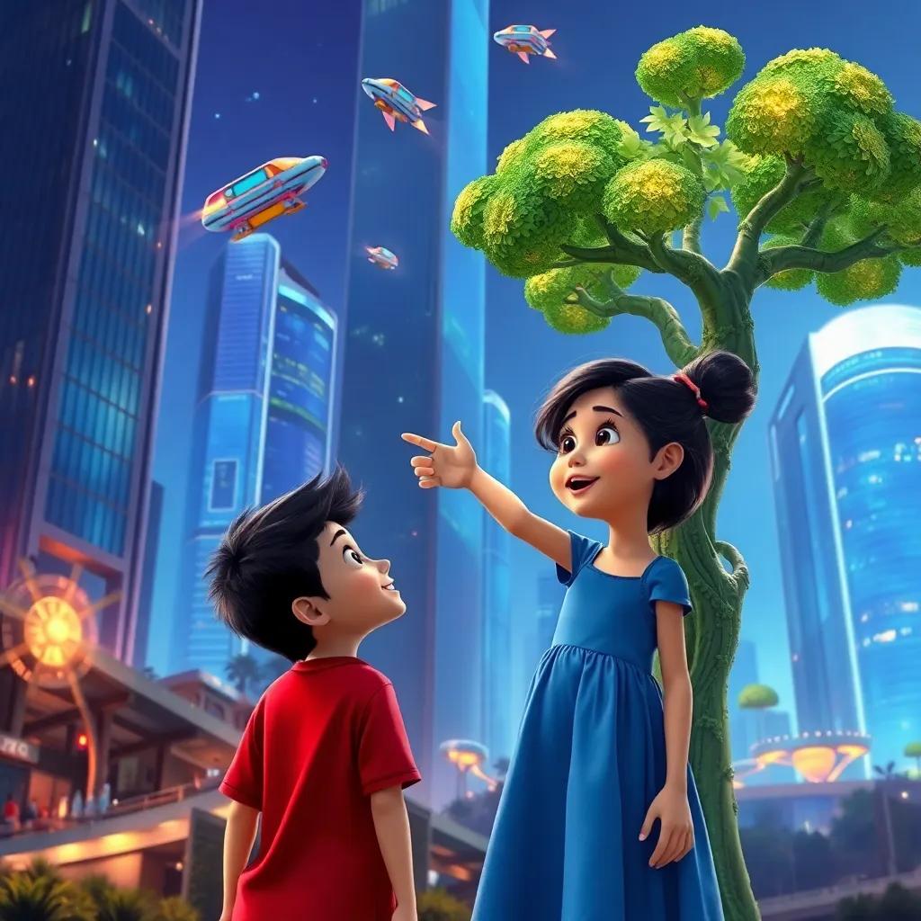 In a futuristic city with tall glass buildings and glowing trees, a young girl, Leila, in a blue dress, excitedly points at a talking tree while a young boy, Yazan, in a red shirt, looks amazed, futuristic cars flying in the sky, bright lights, lively, digital art, colorful