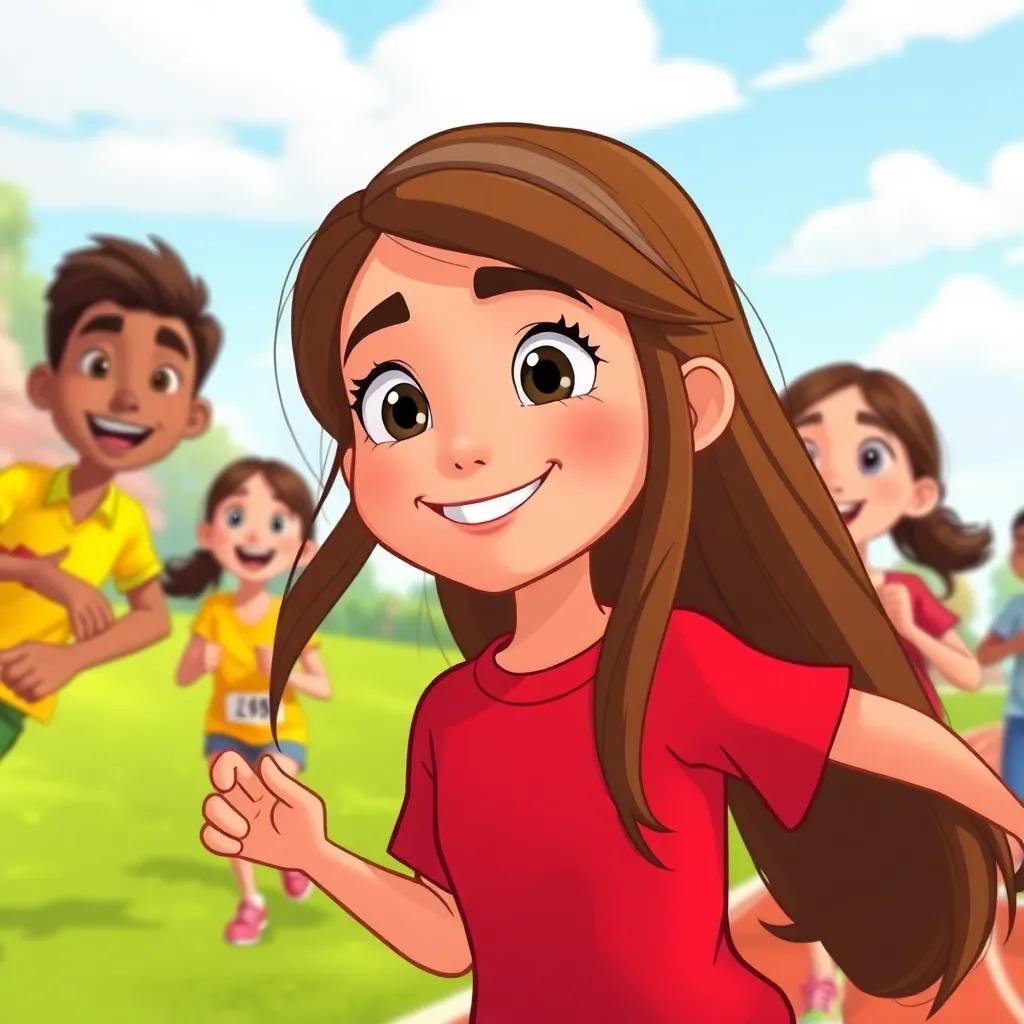 A young Arab girl, Sara, with long, brown hair wearing a red shirt, smiling and imagining running, her friends laughing and competing in a race, cartoon style, vibrant colors, lively scene, high-quality