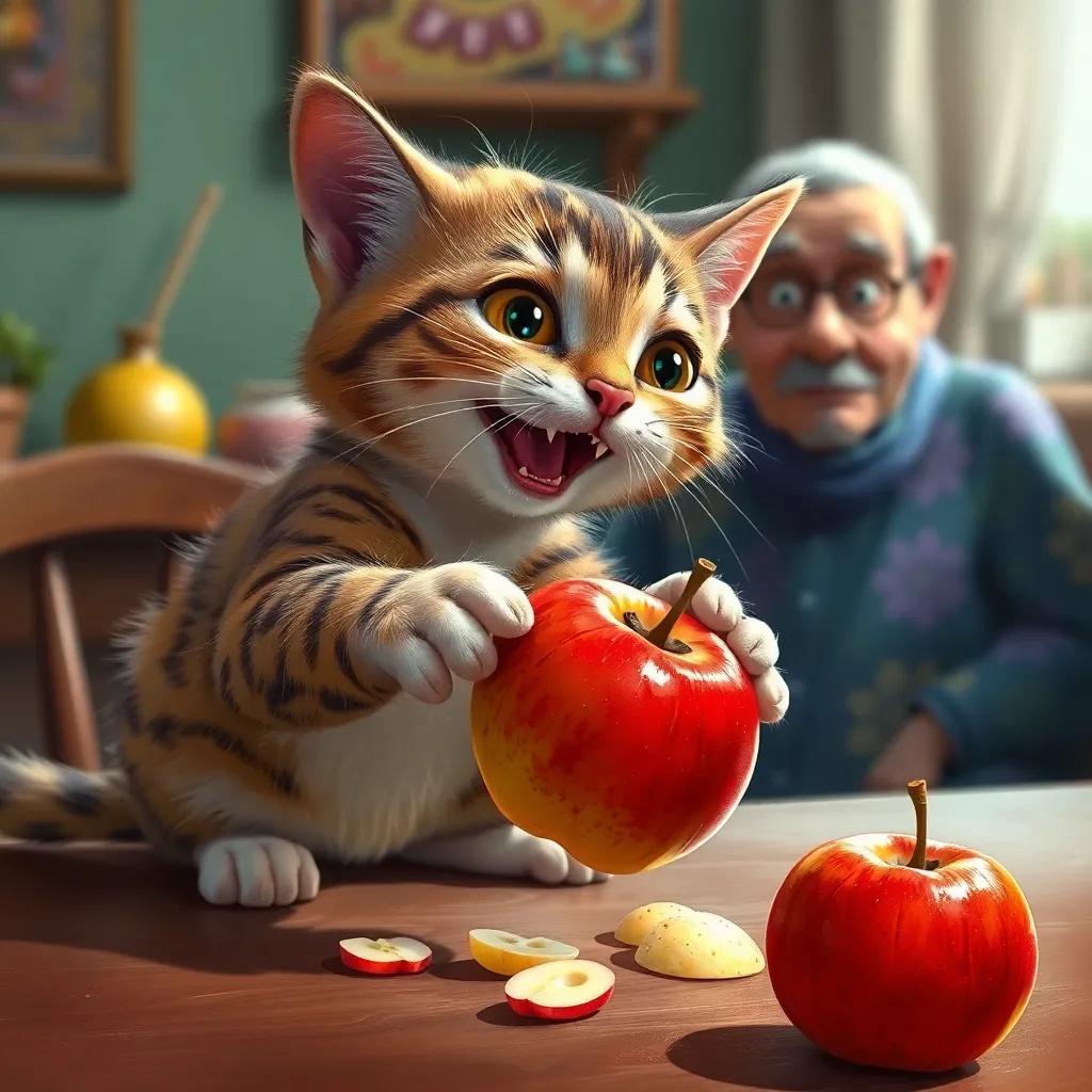 A playful cat knocking down one of the apples from the table, with Uncle Zaki in the background surprised, digital painting, vibrant details, lighthearted scene, realistic