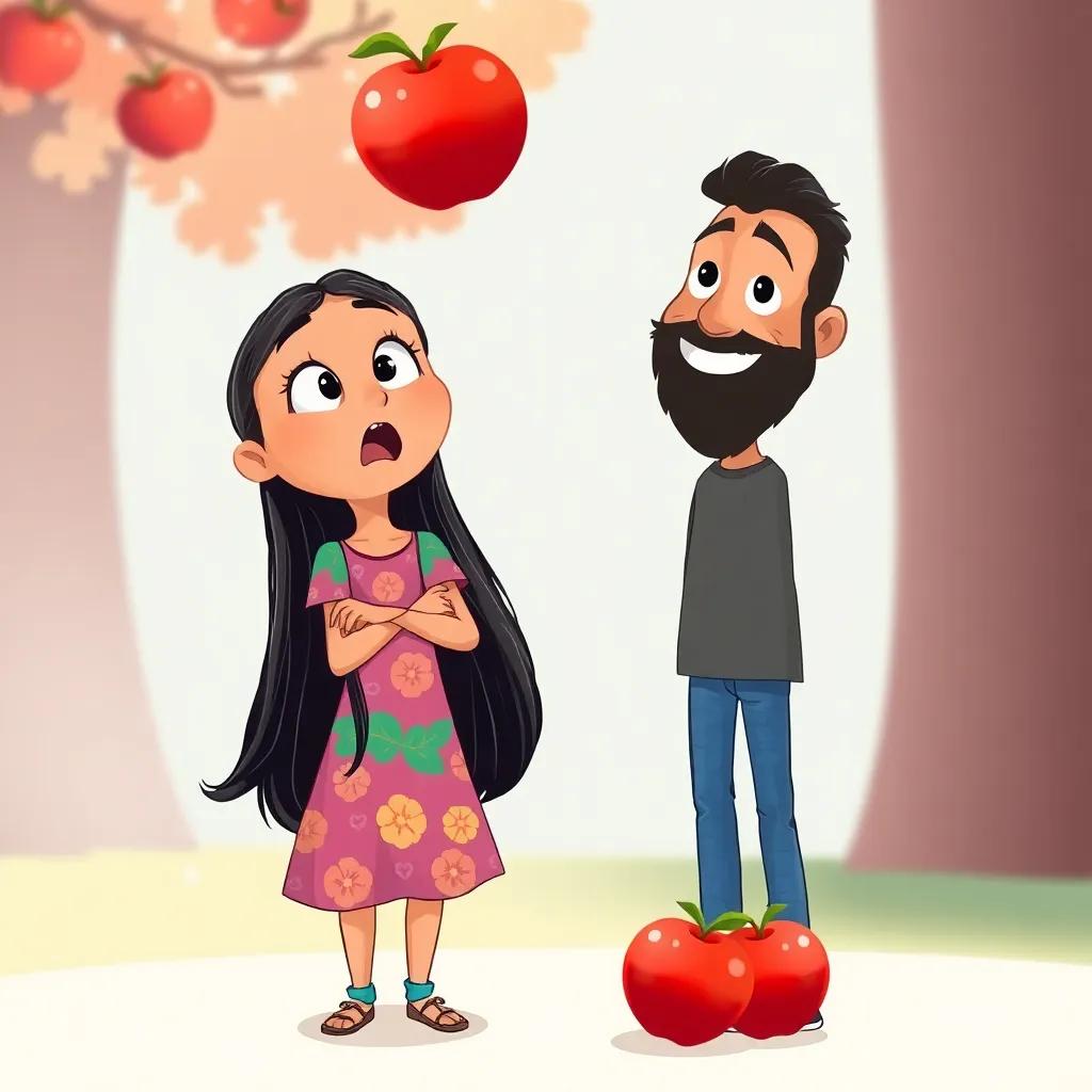 Fatima, a little girl with long black hair wearing a colorful dress, looking surprised as she watches the apple fall, with Samer beside her, wearing a t-shirt and jeans, friendly expression, illustration, cheerful colors