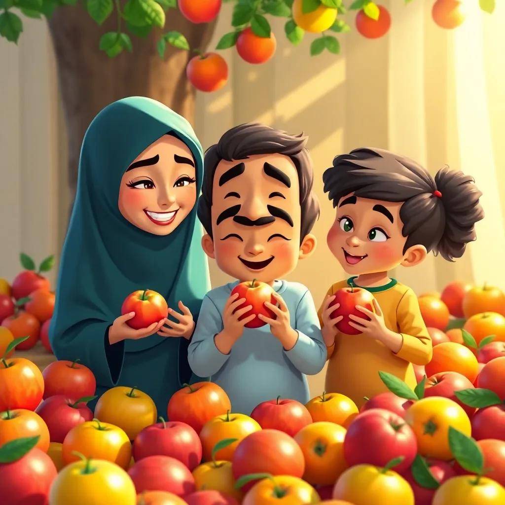 Fatima and Samer happily counting apples with Uncle Zaki, the three of them surrounded by apples, a warm and sunny atmosphere, children learning together, heartwarming, vibrant colors
