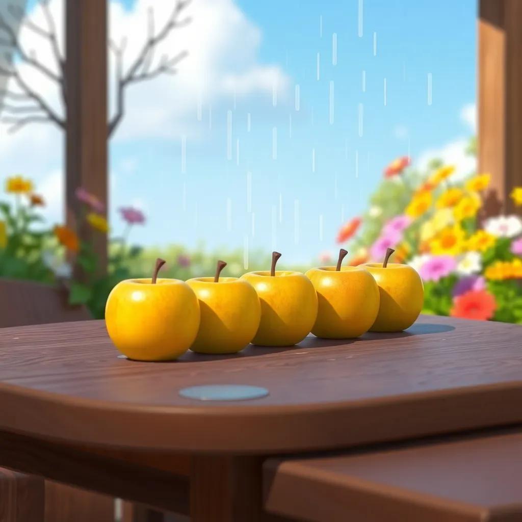 The table with 4 shiny apples left after the counting, with a soft rain starting to fall, clear blue sky and colorful flowers around, peaceful scene, calm atmosphere, digital art
