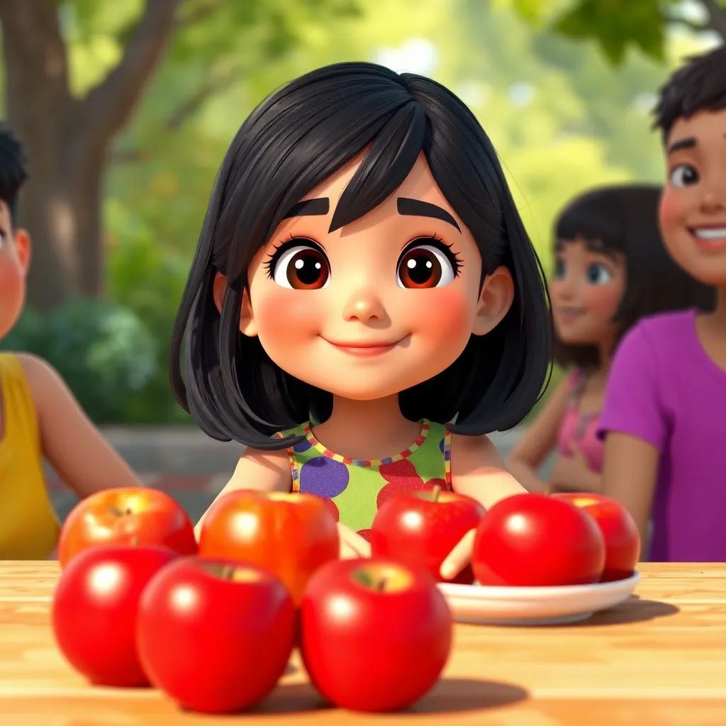 A young Arab girl, Layla, with medium-length black hair, wearing a colorful dress, sitting at a picnic table with bright red apples, smiling with her friends, cheerful atmosphere, bright colors, child-friendly