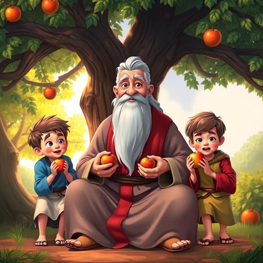 A wise old man, with gray hair and a long beard, wearing a traditional robe, sitting under a large tree with four young boys around him, all holding apples, digital art, vibrant colors, inviting atmosphere, high quality
