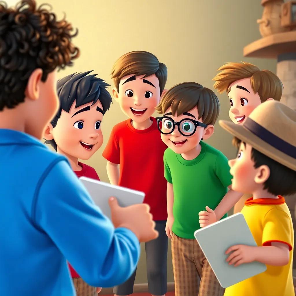 Four young boys, one with curly hair wearing a blue shirt, one with straight hair in a red shirt, one with glasses in a green shirt, and one with a hat in a yellow shirt, telling the old man their stories animatedly, colorful, cheerful, storytelling view, dynamic perspective
