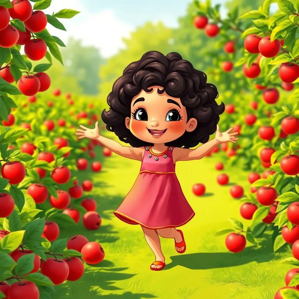 A young Arab girl, Leila, with curly dark hair, wearing a bright dress, happily dancing in a garden surrounded by apples, joyful and lively scene, sunny day, colorful, child-friendly illustration