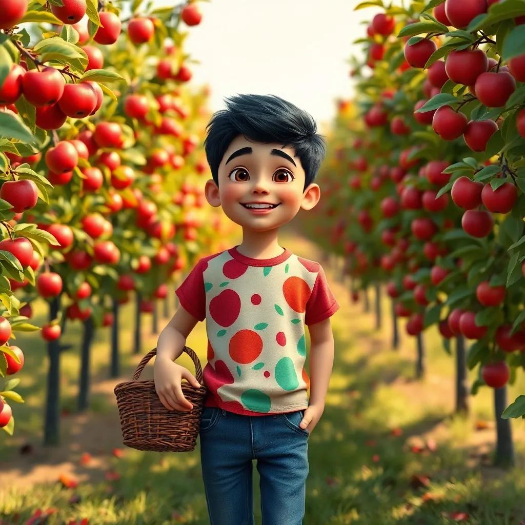 Sami, a young Arab boy, with short black hair wearing a colorful t-shirt and jeans, standing in a sunny orchard full of red apples on trees, joyful expression, holding a basket, warm light, vibrant colors, cheerful atmosphere, digital art, high quality