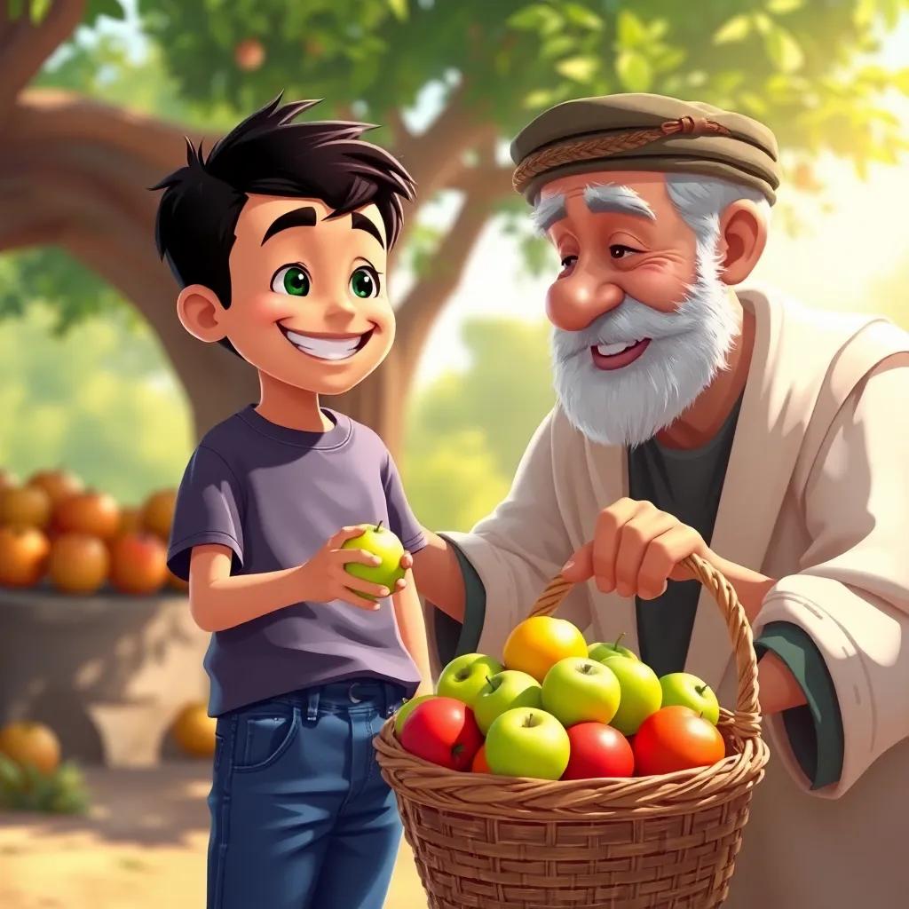 Sami, a young Arab boy, with short black hair wearing a t-shirt and jeans, counting apples in his basket with a smile, while his grandfather, an older Arab man with a white beard, is handing him green apples, sunny background, friendly vibe, digital painting, vivid colors, uplifting scene
