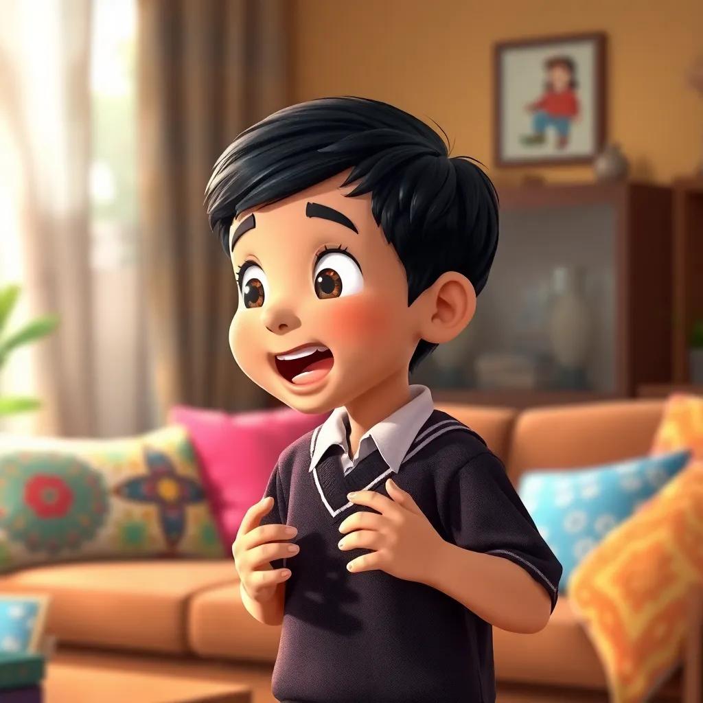 A young Arabic boy, Ali, with short black hair, wearing a school uniform, excitedly talking to his mother in a cozy living room with colorful cushions, digital art, warm colors, inviting atmosphere, high quality