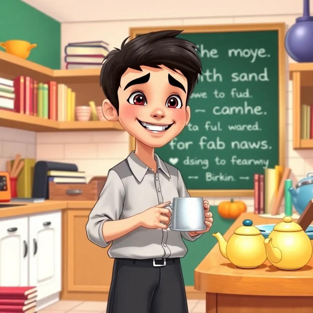 A young Arabic boy, Ali, with short black hair in a school uniform, happily standing in the kitchen with his mother, preparing tea, surrounded by books and playful words on a chalkboard, cheerful, bright colors, engaging scene, high quality