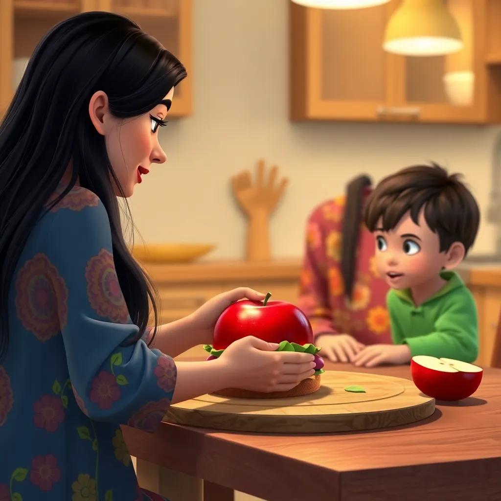 A mother, an Arab woman, with long black hair, wearing a colorful dress, showing her children a shiny red apple sandwich on a wooden table with a warm kitchen background, digital art, cozy atmosphere, homey light, detailed, cheerful scene