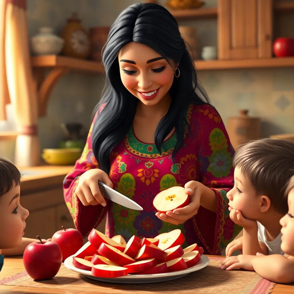 An Arab woman mother, with long black hair, wearing a colorful dress, cutting bright red apple slices with her children around, showing them the pieces on a plate, vibrant colors, warm light, inviting kitchen background, detailed, joyful mood
