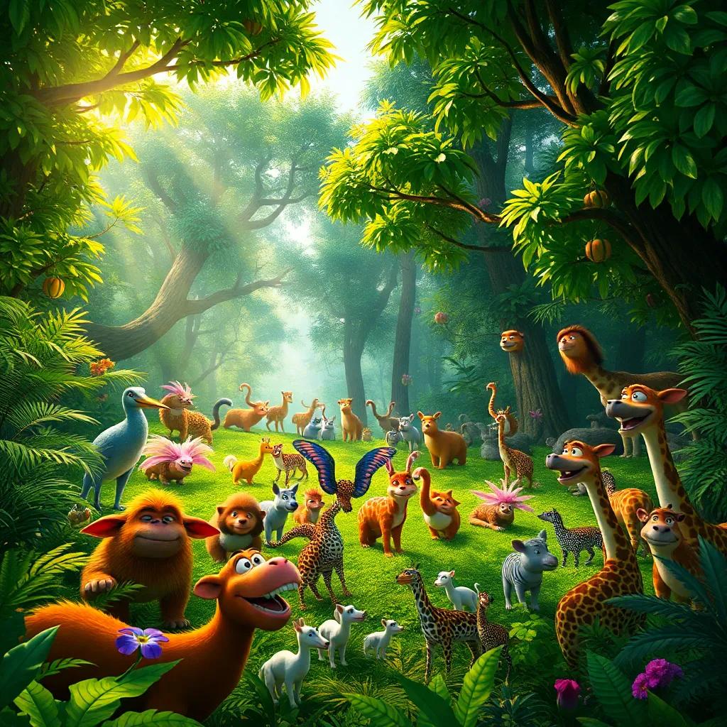 A large jungle filled with various animals, vibrant colors, lush trees, sunlight filtering through leaves, digital art, nature theme, lively atmosphere, high quality