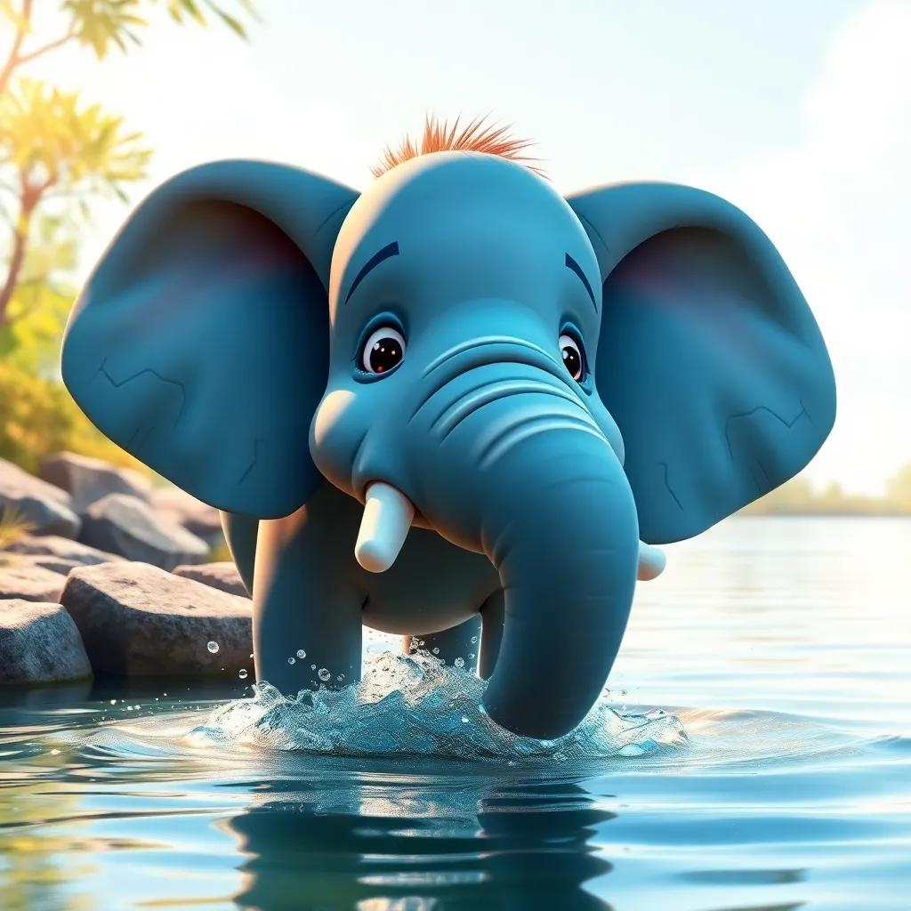 A big elephant by the river, with large ears and a happy expression, splashing in the water, sunlight sparkling on the surface, vibrant colors, playful scene, hyperrealistic