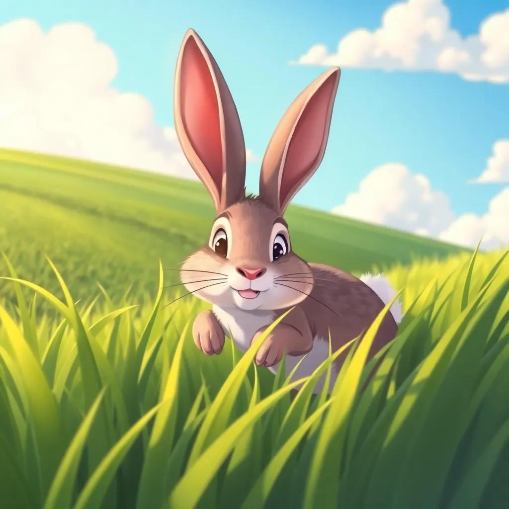 A fast rabbit in a green field, with long ears alert, hiding in tall grass, cheerful background, blue sky and fluffy clouds, illustration, warm colors, adventure feeling