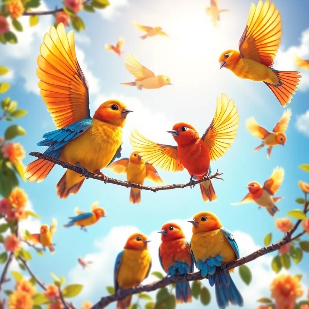 Colorful birds flying in the sky, with beautiful wings, some resting on branches, bright sunlight creating a cheerful atmosphere, digital painting, vibrant colors, high quality