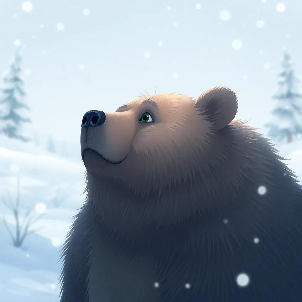 A bear in a snowy landscape, with thick fur, looking at the white surroundings, snowflakes falling, serene and peaceful background, detailed illustration, cold colors, fairy tale ambiance