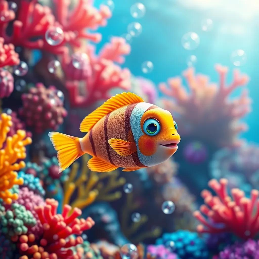 A small fish blending in with colorful corals in the ocean, with bubbles surrounding it, bright and inviting underwater scene, digital art, dynamic colors, highly detailed