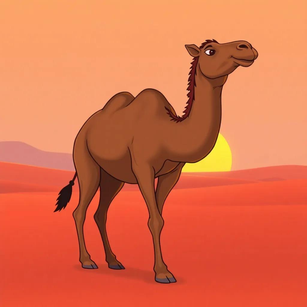 A camel walking through a sandy desert, with a strong build and a hump, looking calm and confident, vibrant sunset behind, illustration, warm colors, adventurous spirit